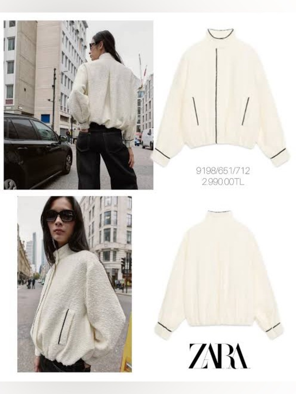 Zara Tweed Textured Cream Bomber Jacket with Black Trim